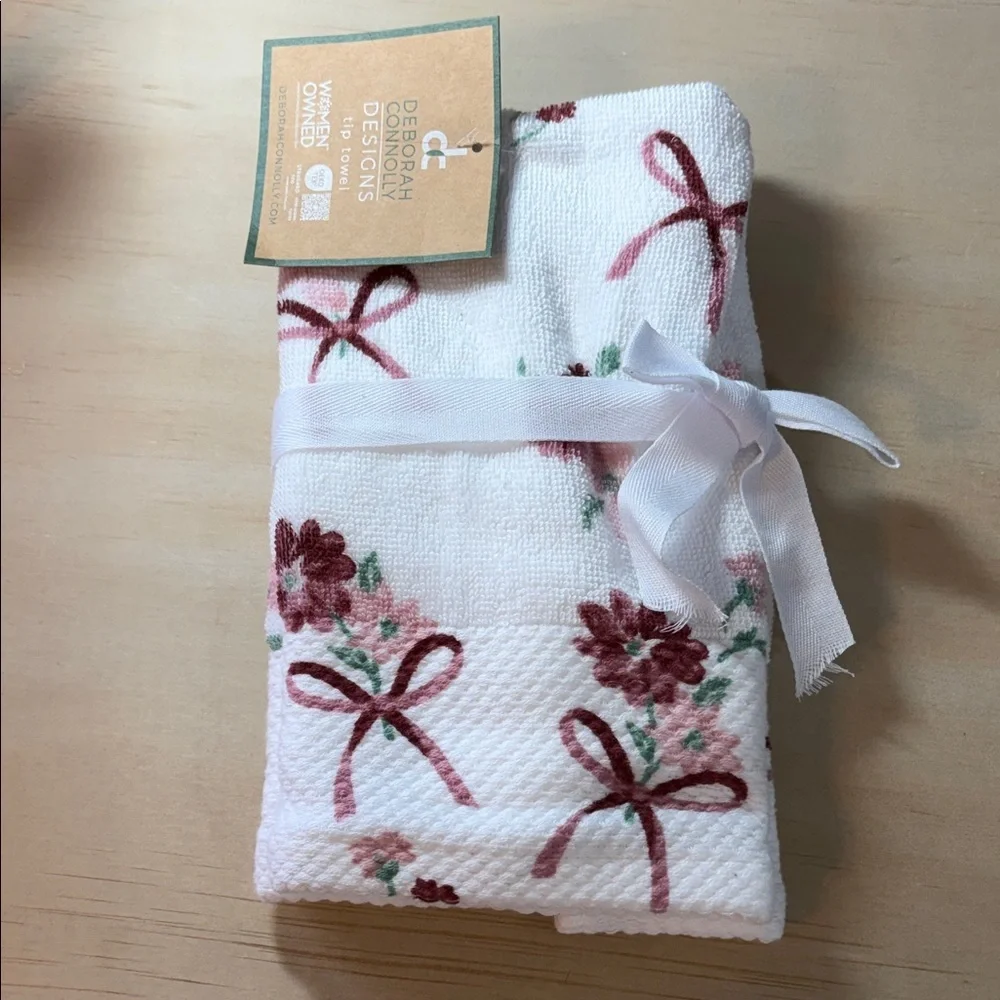 Deborah Designs Floral Bow Embroidered Hand Towel - White with Rose NWT